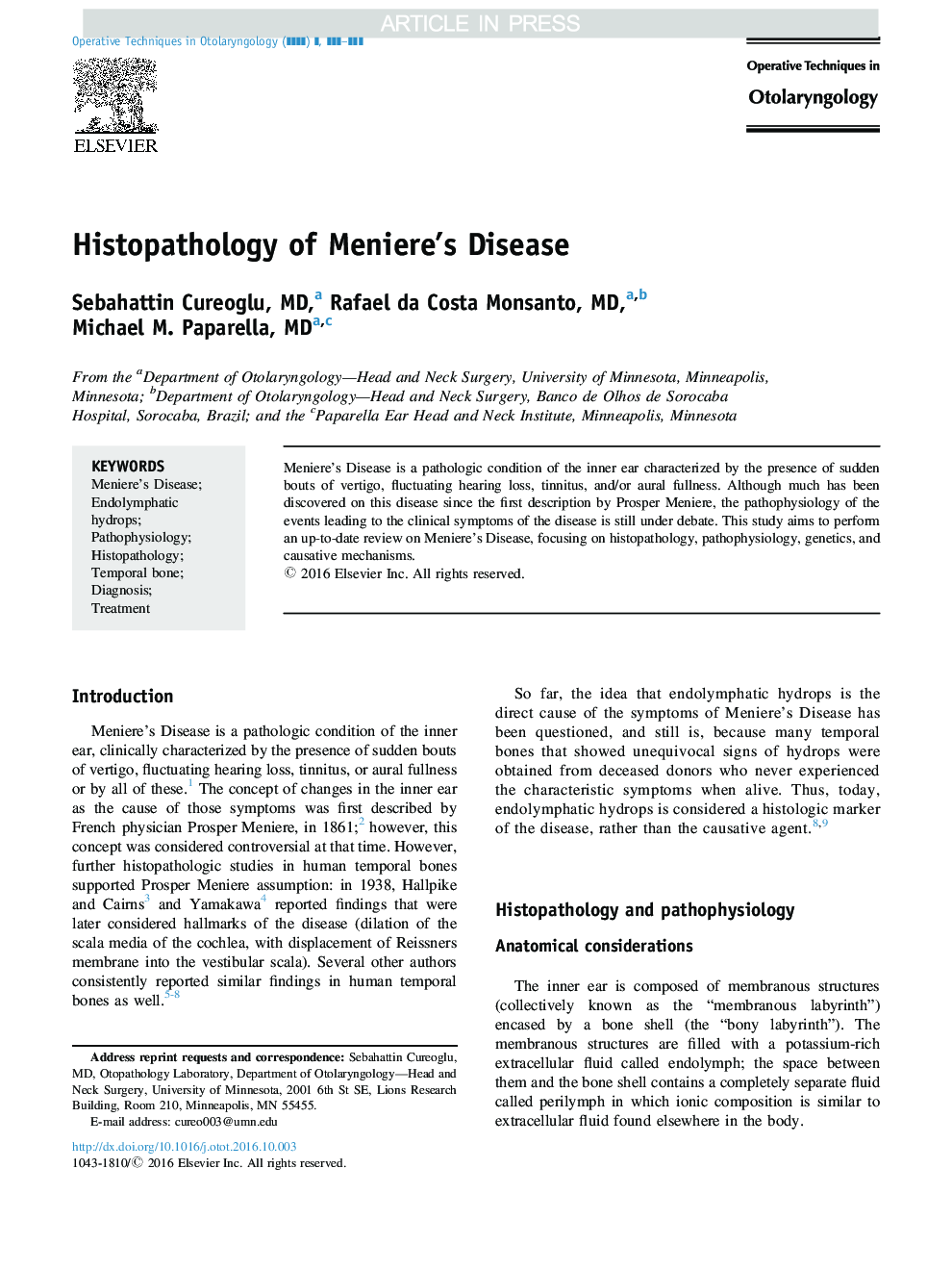 Histopathology of Meniere's Disease