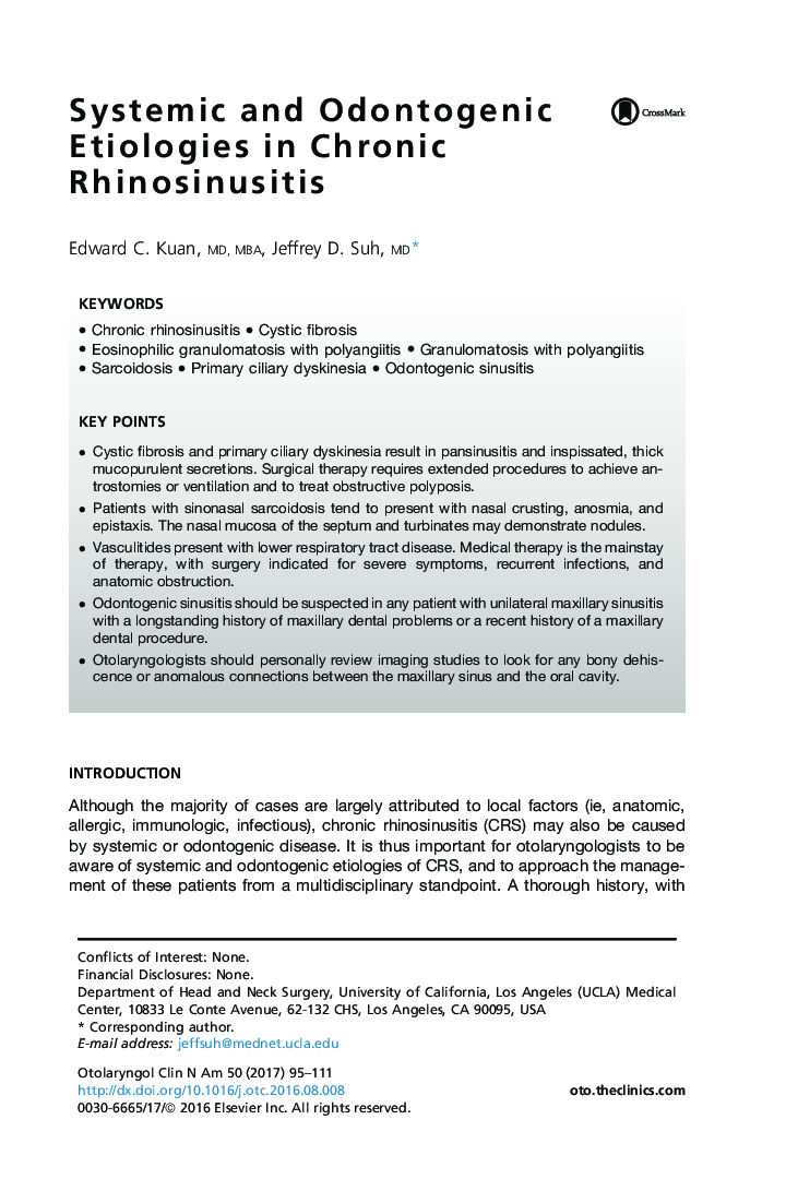 Systemic and Odontogenic Etiologies in Chronic Rhinosinusitis