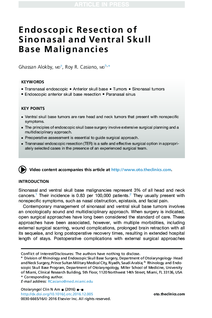 Endoscopic Resection of Sinonasal and Ventral Skull Base Malignancies