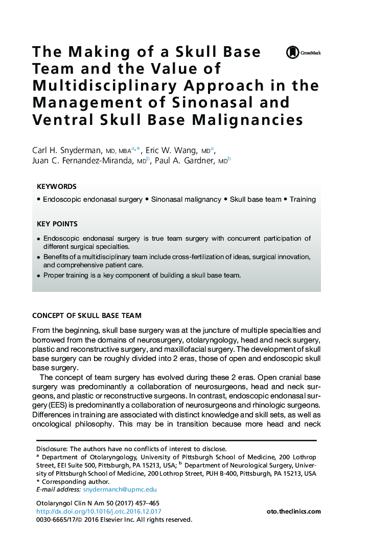 The Making of a Skull Base Team and the Value of Multidisciplinary Approach in the Management of Sinonasal and Ventral Skull Base Malignancies