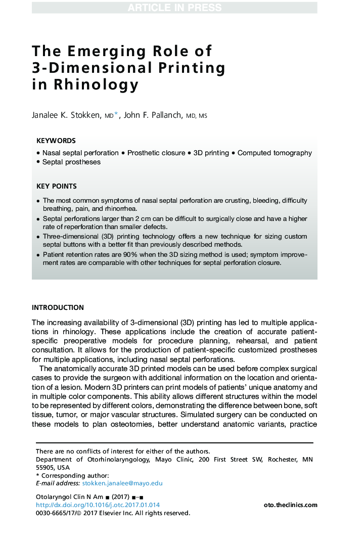 The Emerging Role of 3-Dimensional Printing inÂ Rhinology