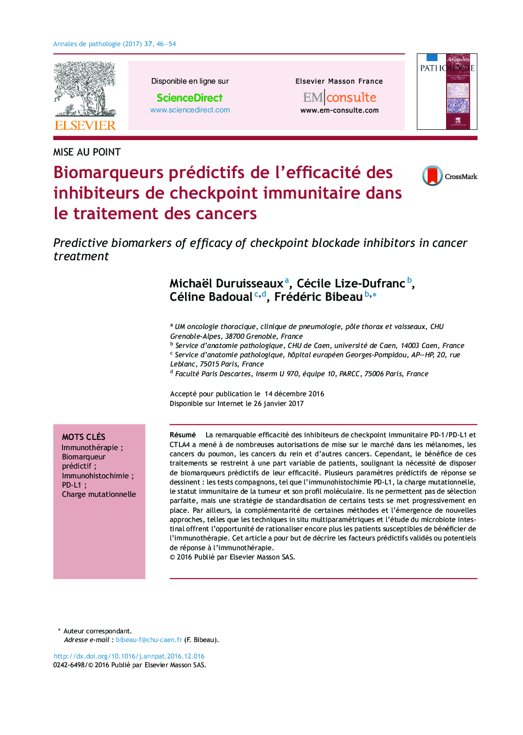 Biomarqueurs prédictifs de l'efficacité des inhibiteurs de checkpoint immunitaire dans le traitement des cancers