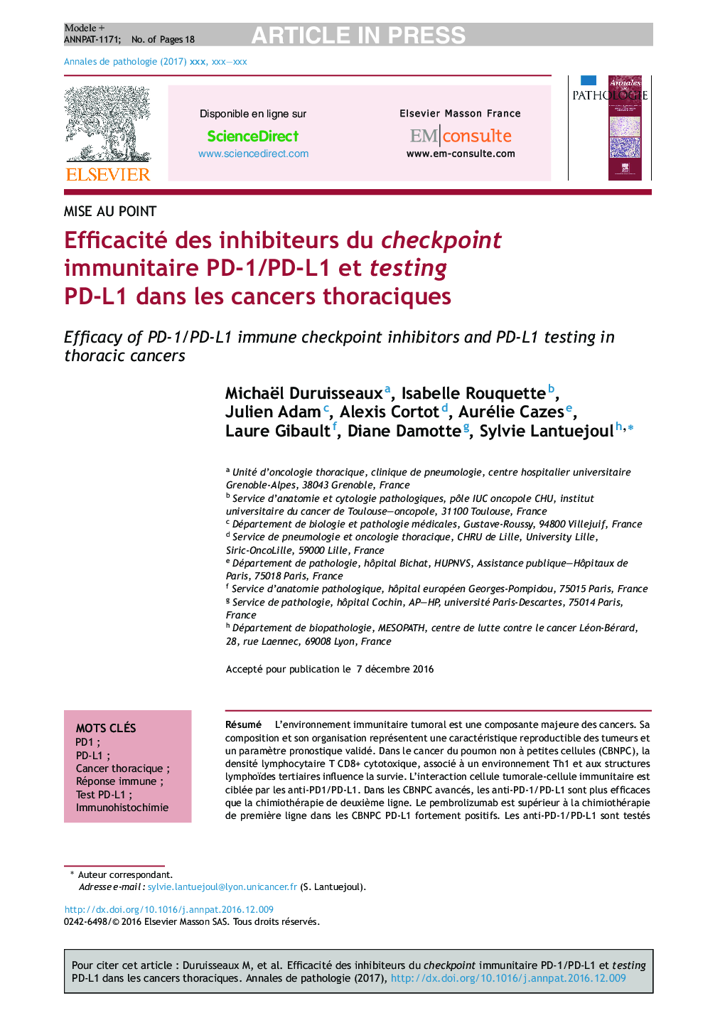 Efficacité des inhibiteurs du checkpoint immunitaire PD-1/PD-L1Â et testing PD-L1Â dans les cancers thoraciques