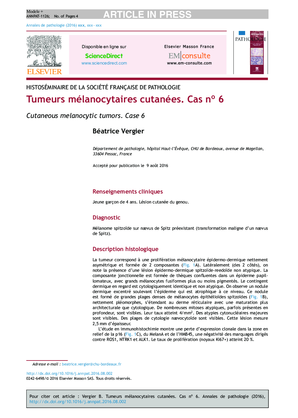Tumeurs mélanocytaires cutanées. Cas noÂ 6