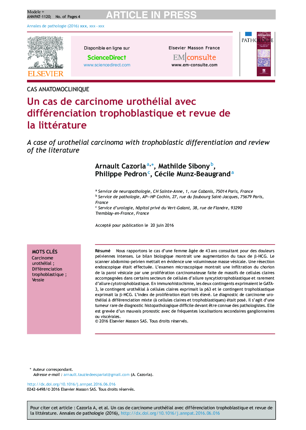 Un cas de carcinome urothélial avec différenciation trophoblastique et revue de la littérature