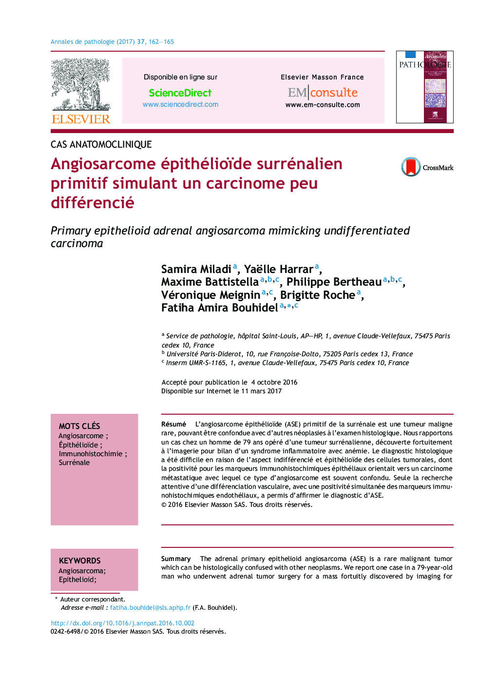 Angiosarcome épithélioïde surrénalien primitif simulant un carcinome peu différencié