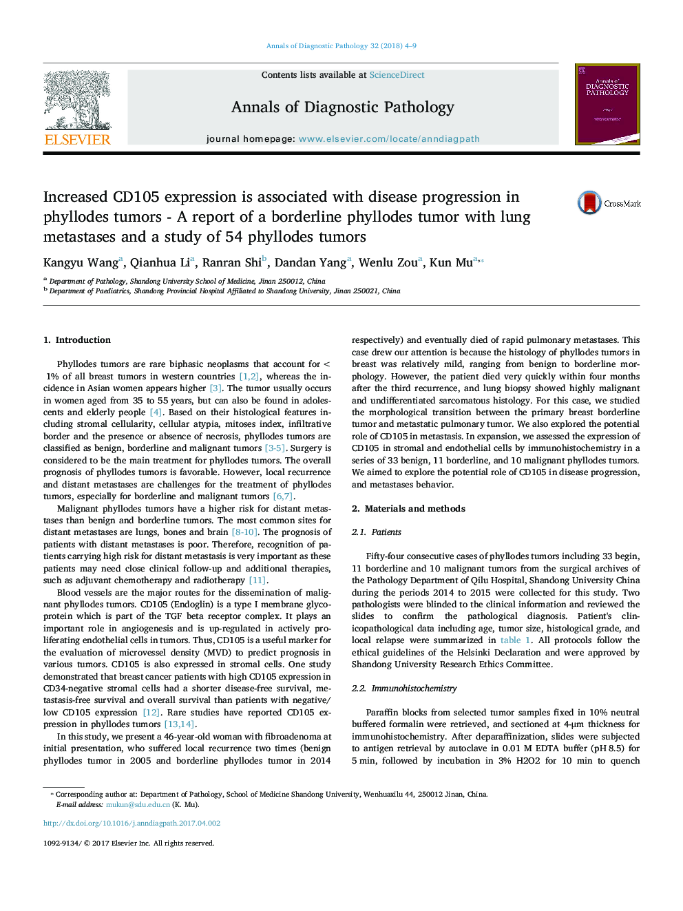 Increased CD105 expression is associated with disease progression in phyllodes tumors - A report of a borderline phyllodes tumor with lung metastases and a study of 54 phyllodes tumors