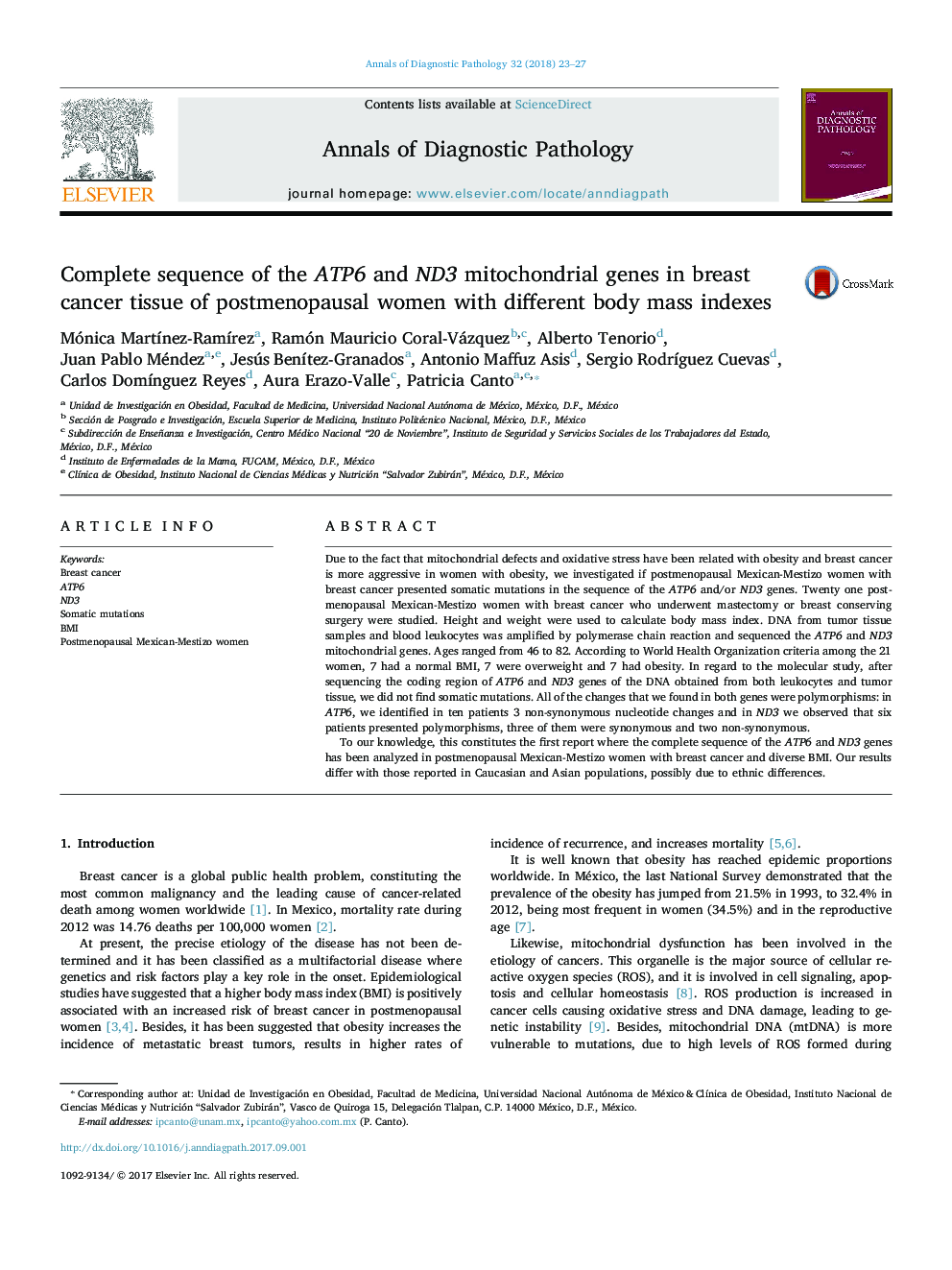 Complete sequence of the ATP6 and ND3 mitochondrial genes in breast cancer tissue of postmenopausal women with different body mass indexes