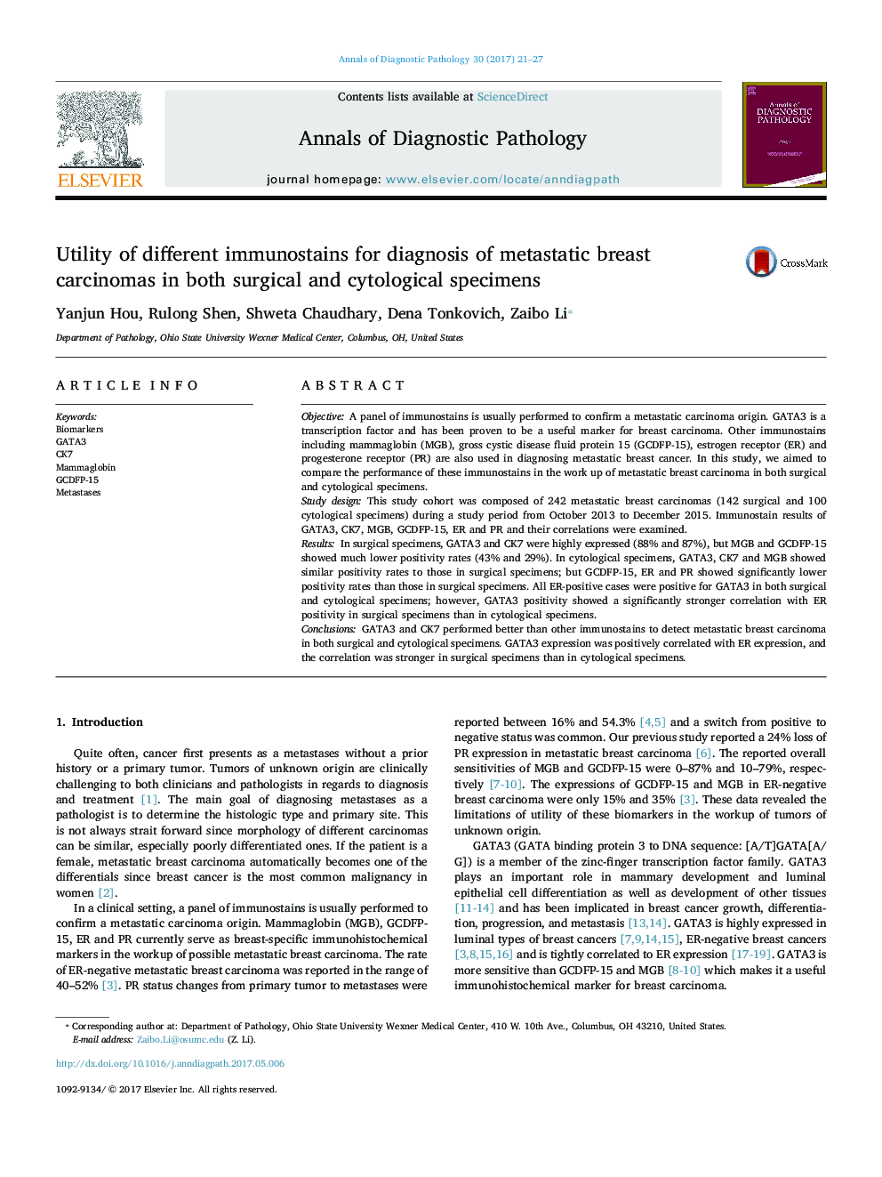 Utility of different immunostains for diagnosis of metastatic breast carcinomas in both surgical and cytological specimens