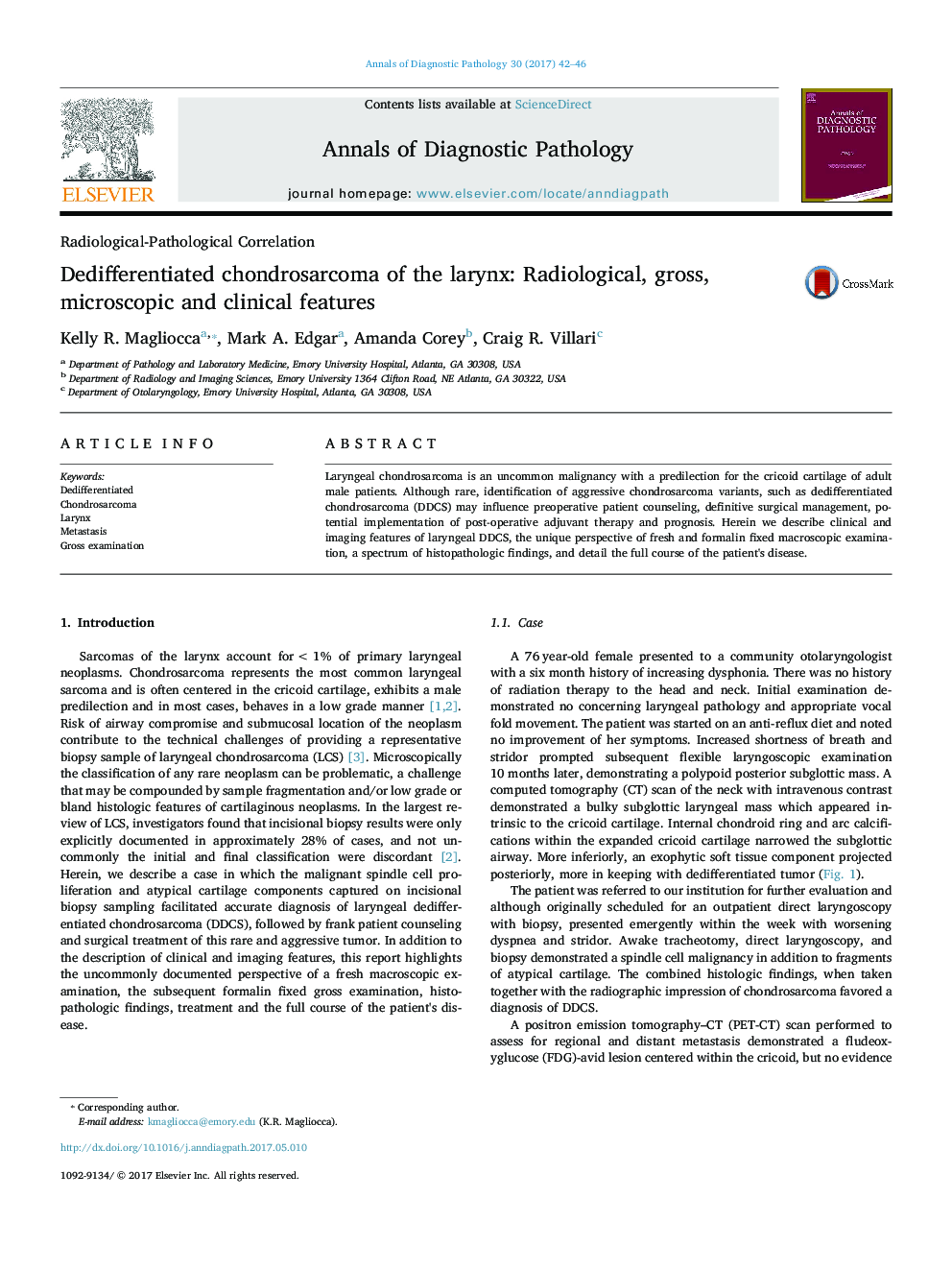 Radiological-Pathological CorrelationDedifferentiated chondrosarcoma of the larynx: Radiological, gross, microscopic and clinical features