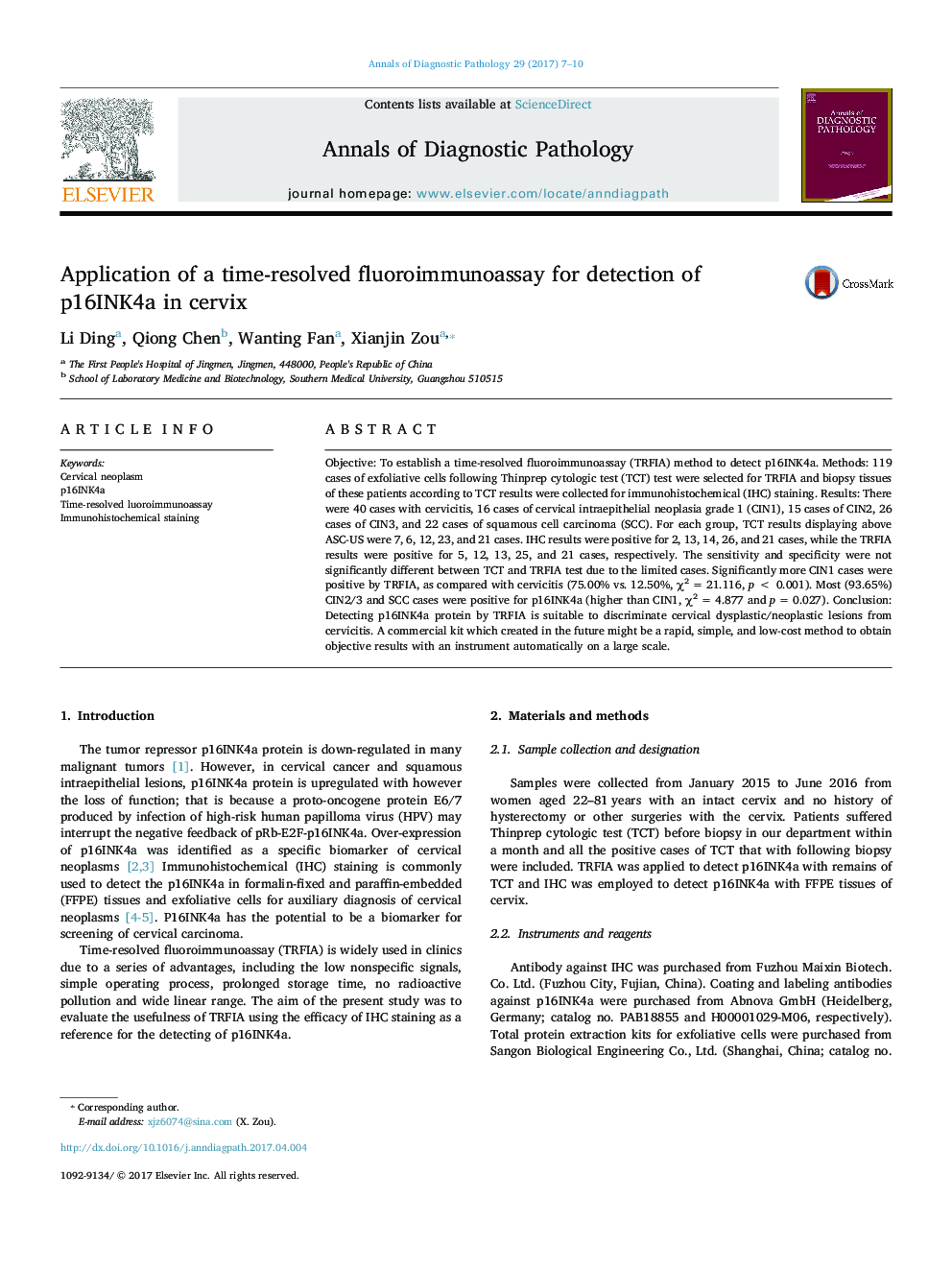 Application of a time-resolved fluoroimmunoassay for detection of p16INK4a in cervix