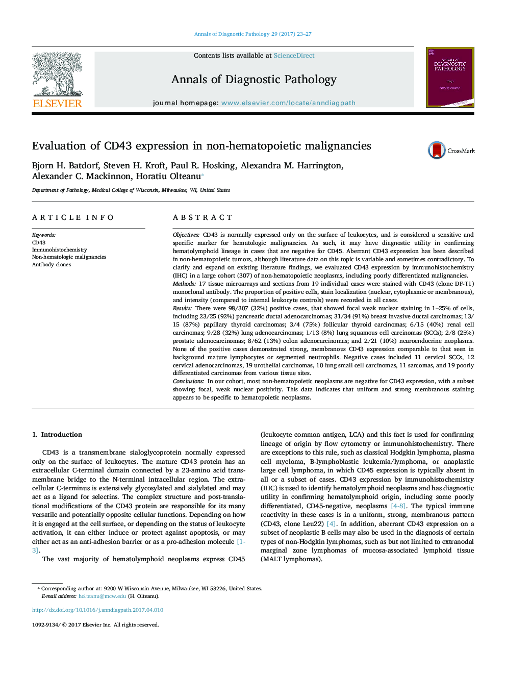 Evaluation of CD43 expression in non-hematopoietic malignancies