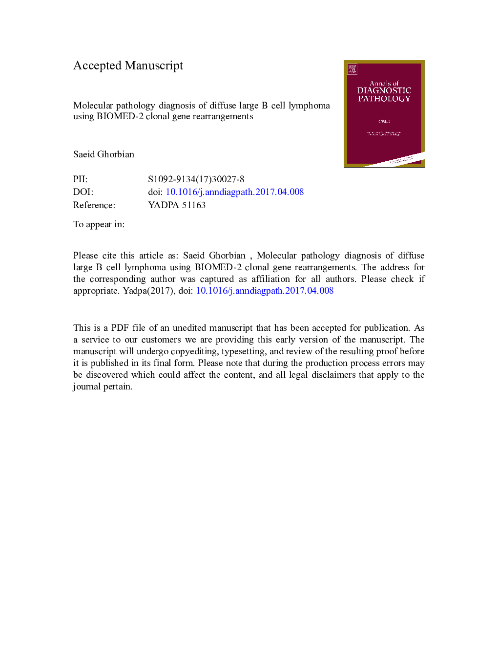 Molecular pathology diagnosis of diffuse large B cell lymphoma using BIOMED-2 clonal gene rearrangements