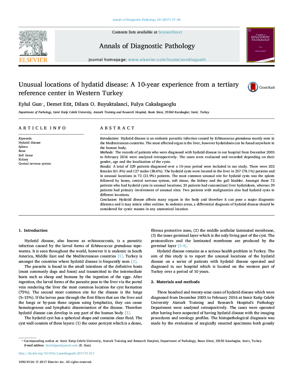 Unusual locations of hydatid disease: A 10-year experience from a tertiary reference center in Western Turkey