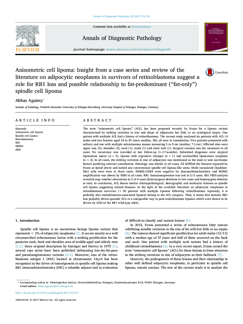 Anisometric cell lipoma: Insight from a case series and review of the literature on adipocytic neoplasms in survivors of retinoblastoma suggest a role for RB1 loss and possible relationship to fat-predominant (“fat-only”) spindle cell lipoma