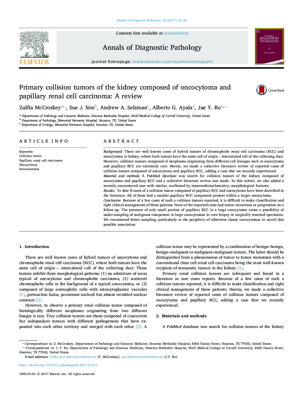 Primary collision tumors of the kidney composed of oncocytoma and papillary renal cell carcinoma: A review