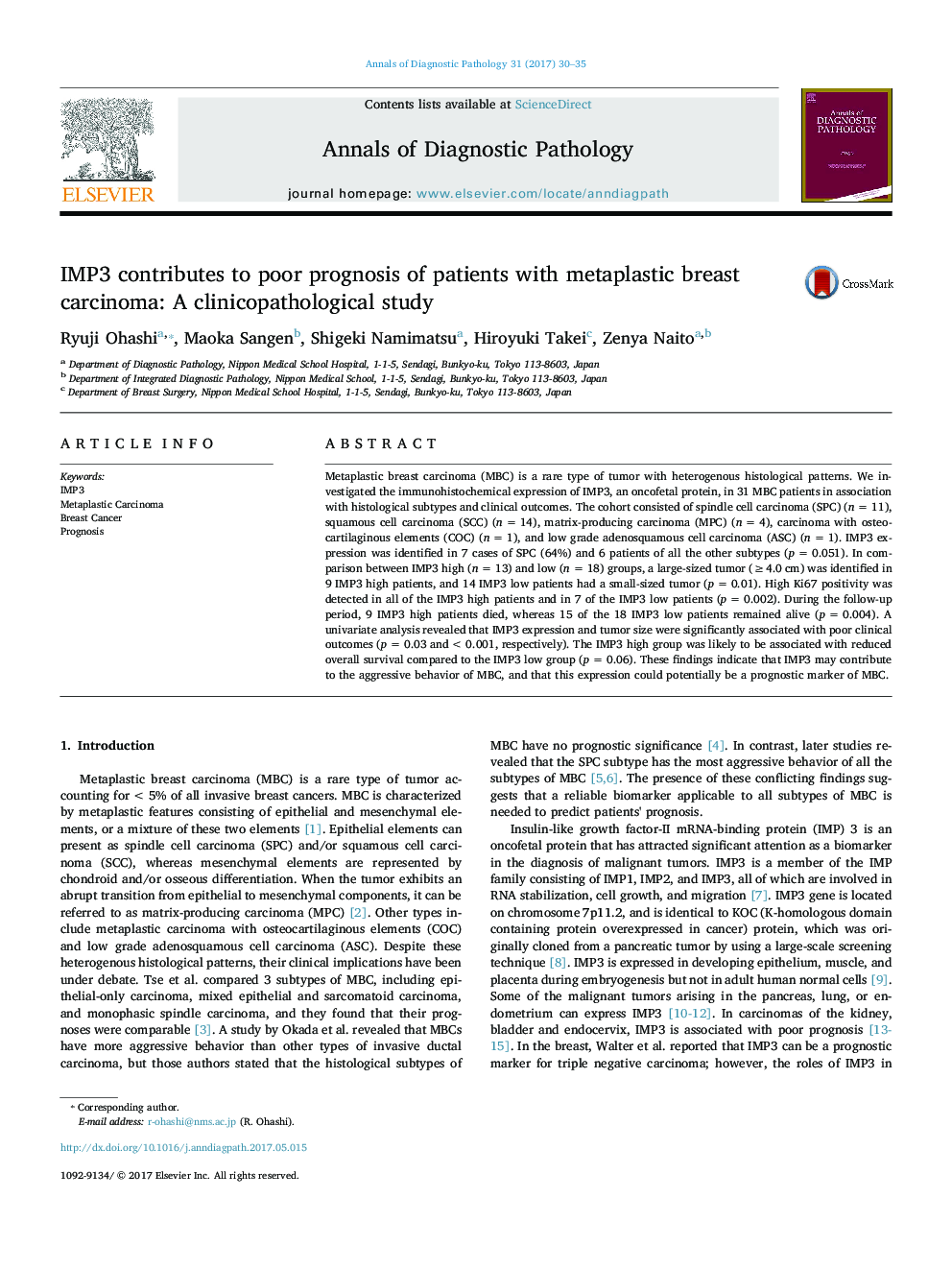 IMP3 contributes to poor prognosis of patients with metaplastic breast carcinoma: A clinicopathological study