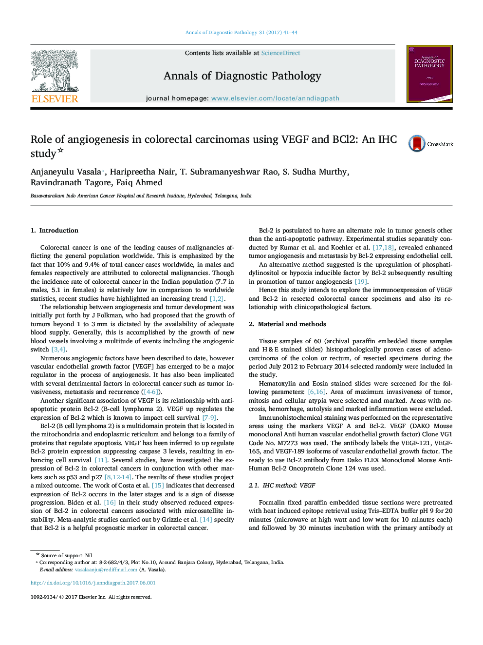 Role of angiogenesis in colorectal carcinomas using VEGF and BCl2: An IHC study