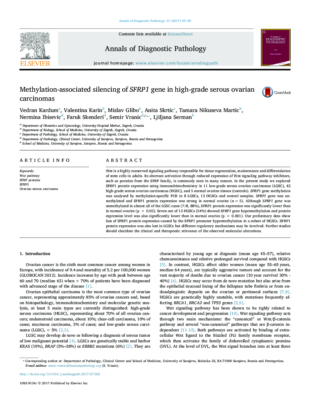 Methylation-associated silencing of SFRP1 gene in high-grade serous ovarian carcinomas