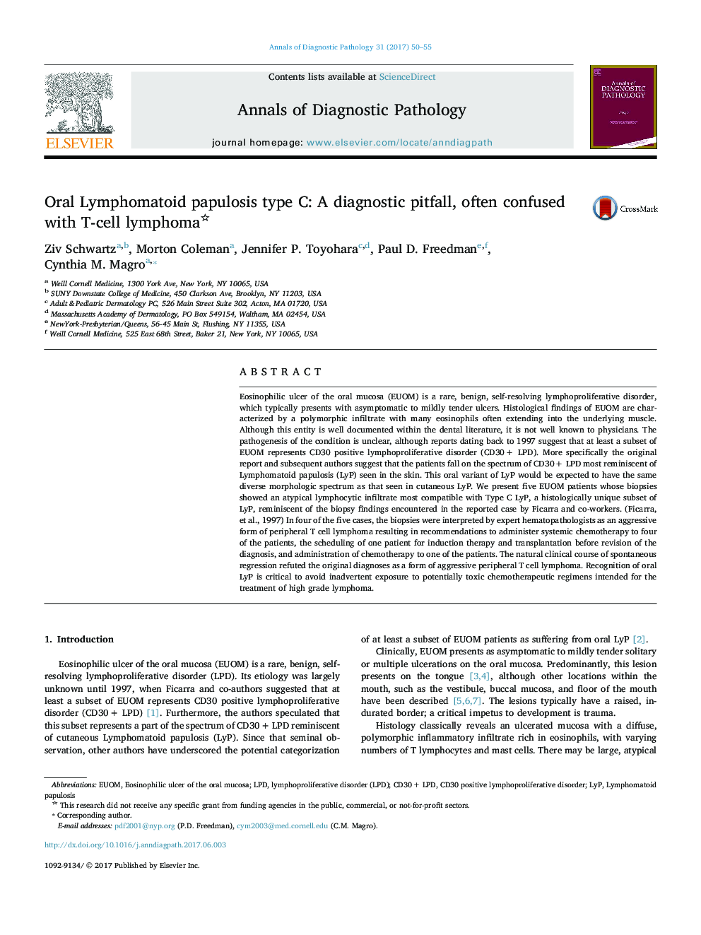 Oral Lymphomatoid papulosis type C: A diagnostic pitfall, often confused with T-cell lymphoma