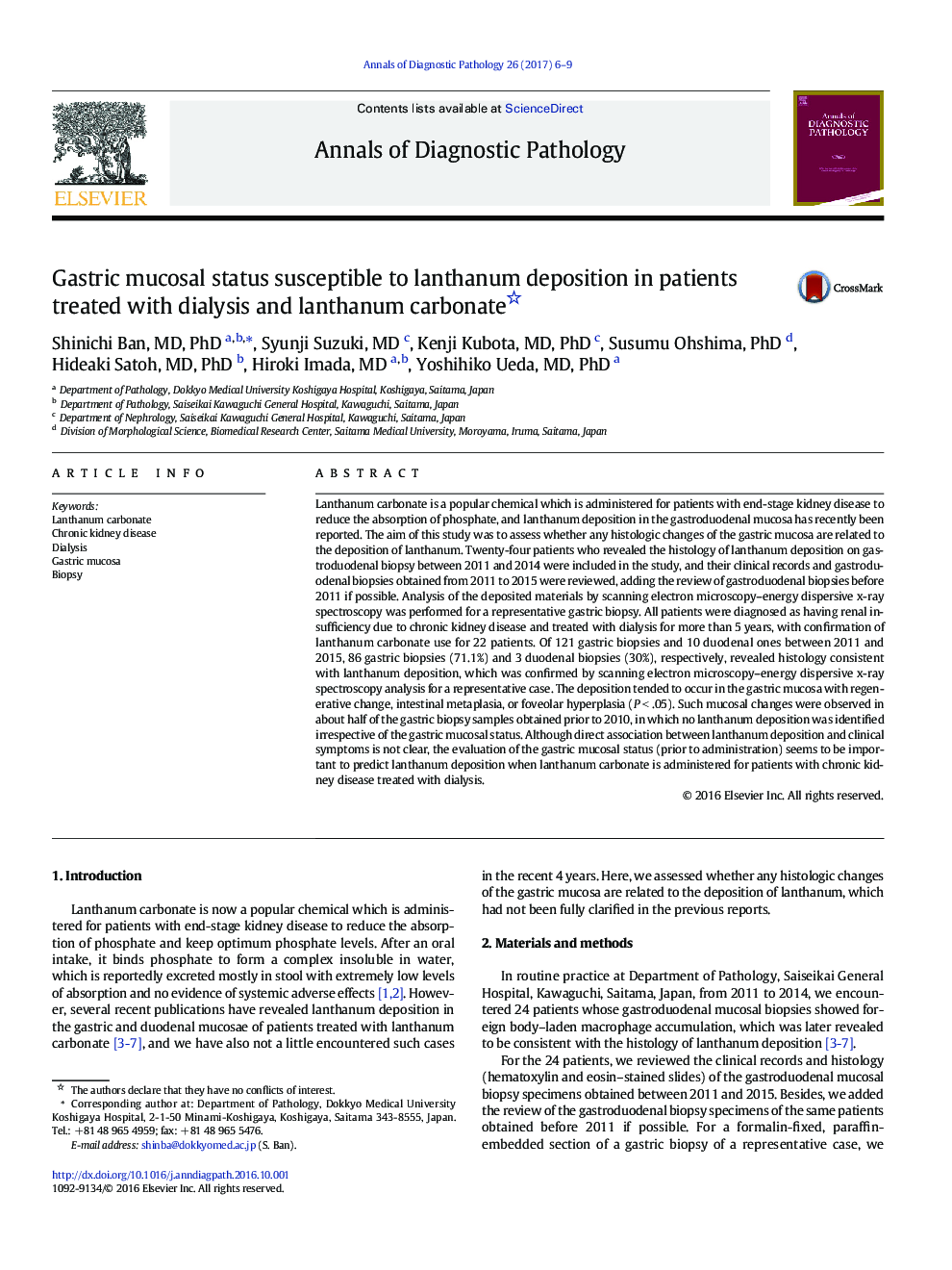 Original ContributionGastric mucosal status susceptible to lanthanum deposition in patients treated with dialysis and lanthanum carbonate