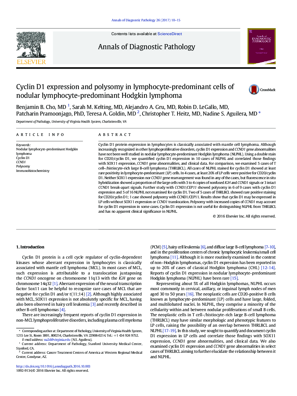 Original ContributionCyclin D1 expression and polysomy in lymphocyte-predominant cells of nodular lymphocyte-predominant Hodgkin lymphoma