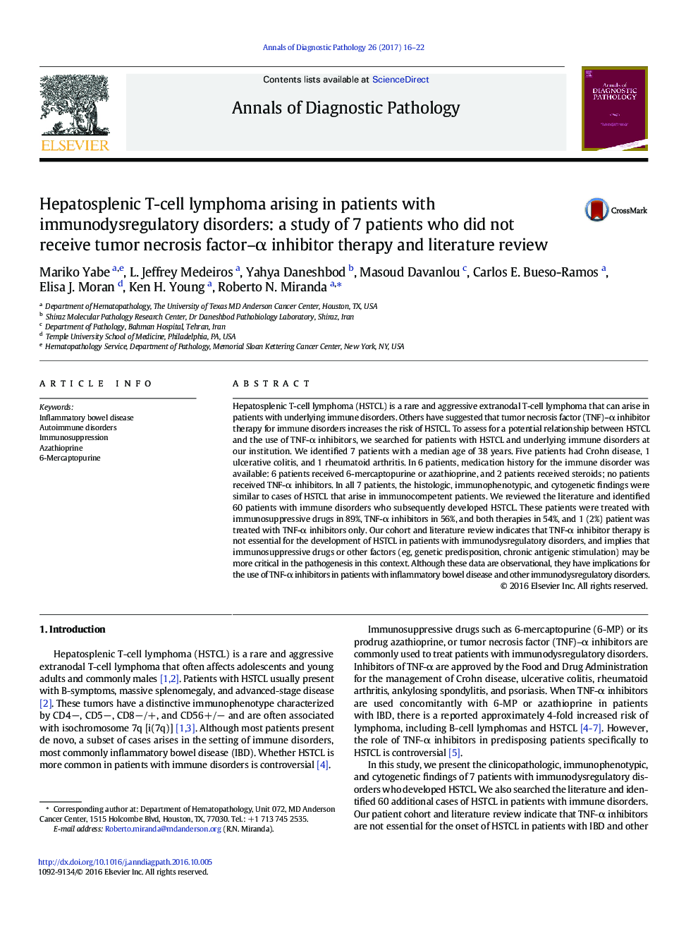 Original ContributionHepatosplenic T-cell lymphoma arising in patients with immunodysregulatory disorders: a study of 7 patients who did not receive tumor necrosis factor-Î± inhibitor therapy and literature review