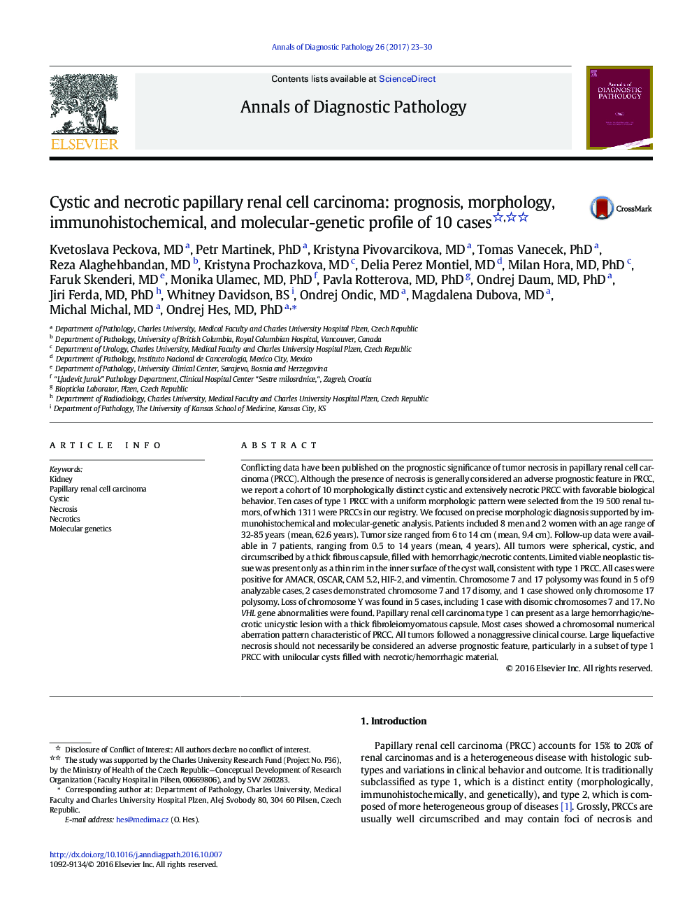 Original ContributionCystic and necrotic papillary renal cell carcinoma: prognosis, morphology, immunohistochemical, and molecular-genetic profile of 10 cases