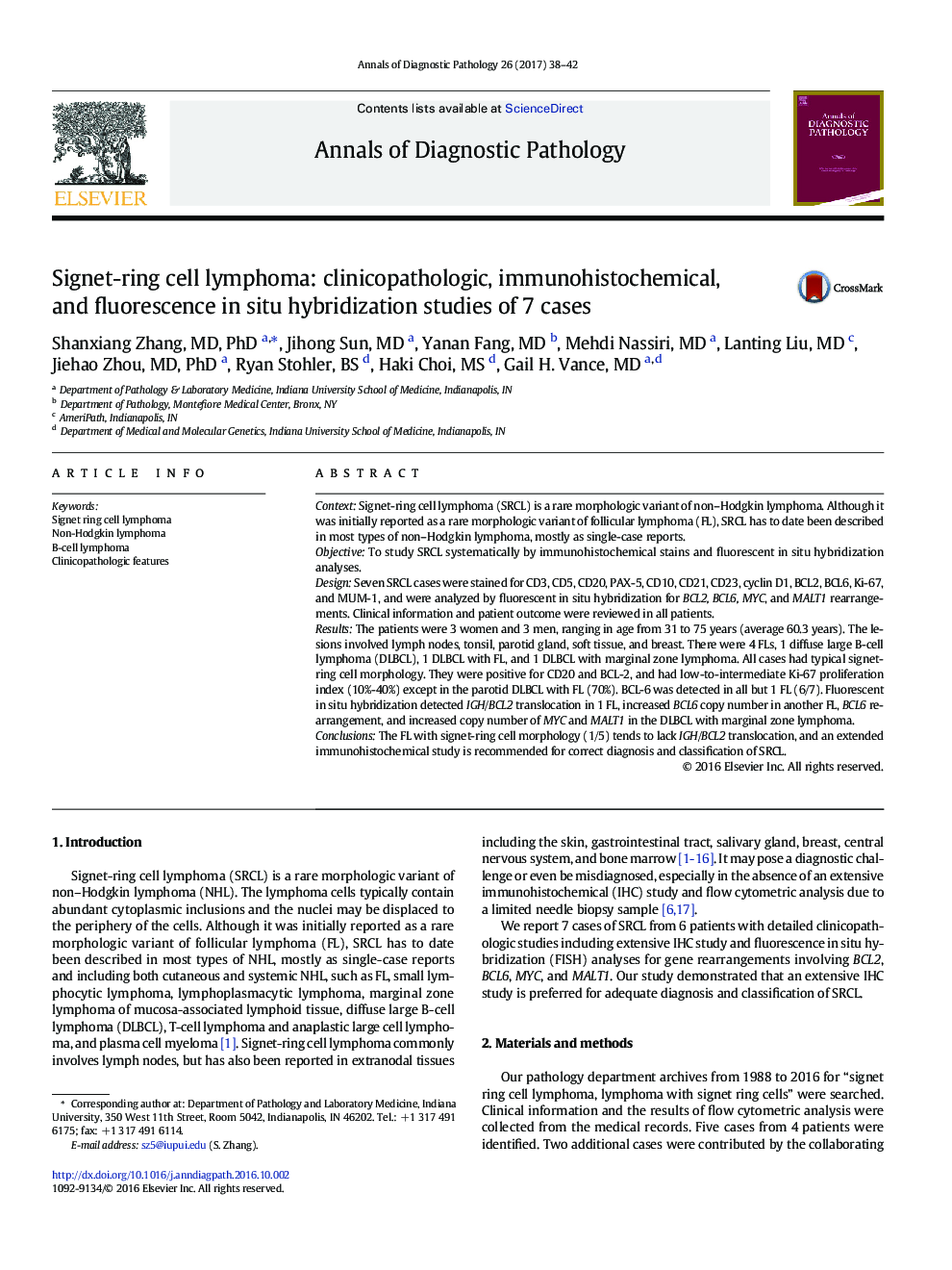 Original ContributionSignet-ring cell lymphoma: clinicopathologic, immunohistochemical, and fluorescence in situ hybridization studies of 7 cases