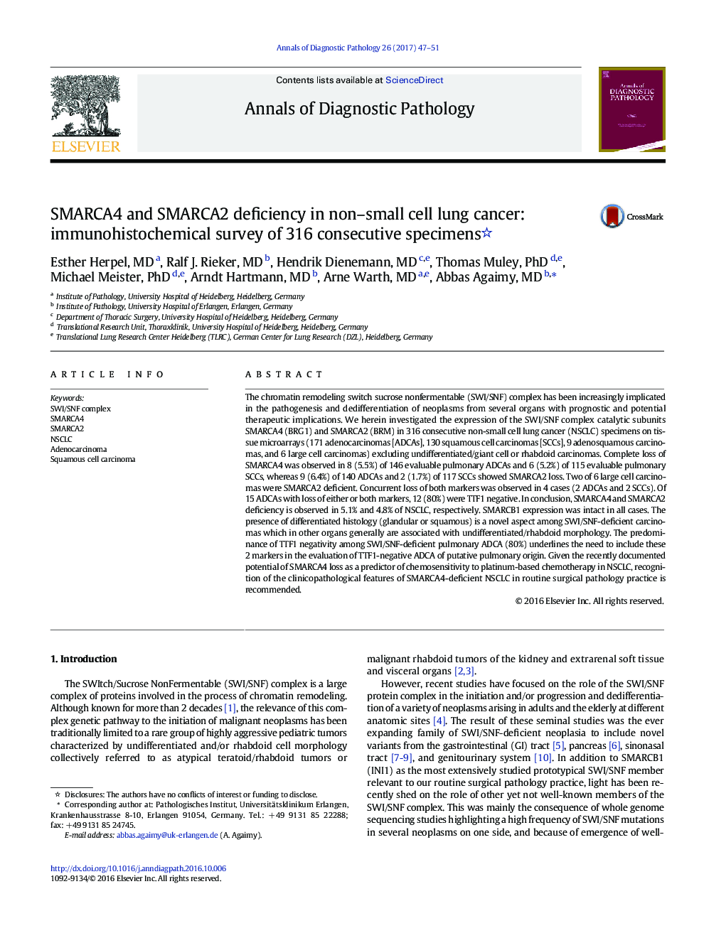 Original ContributionSMARCA4 and SMARCA2 deficiency in non-small cell lung cancer: immunohistochemical survey of 316 consecutive specimens