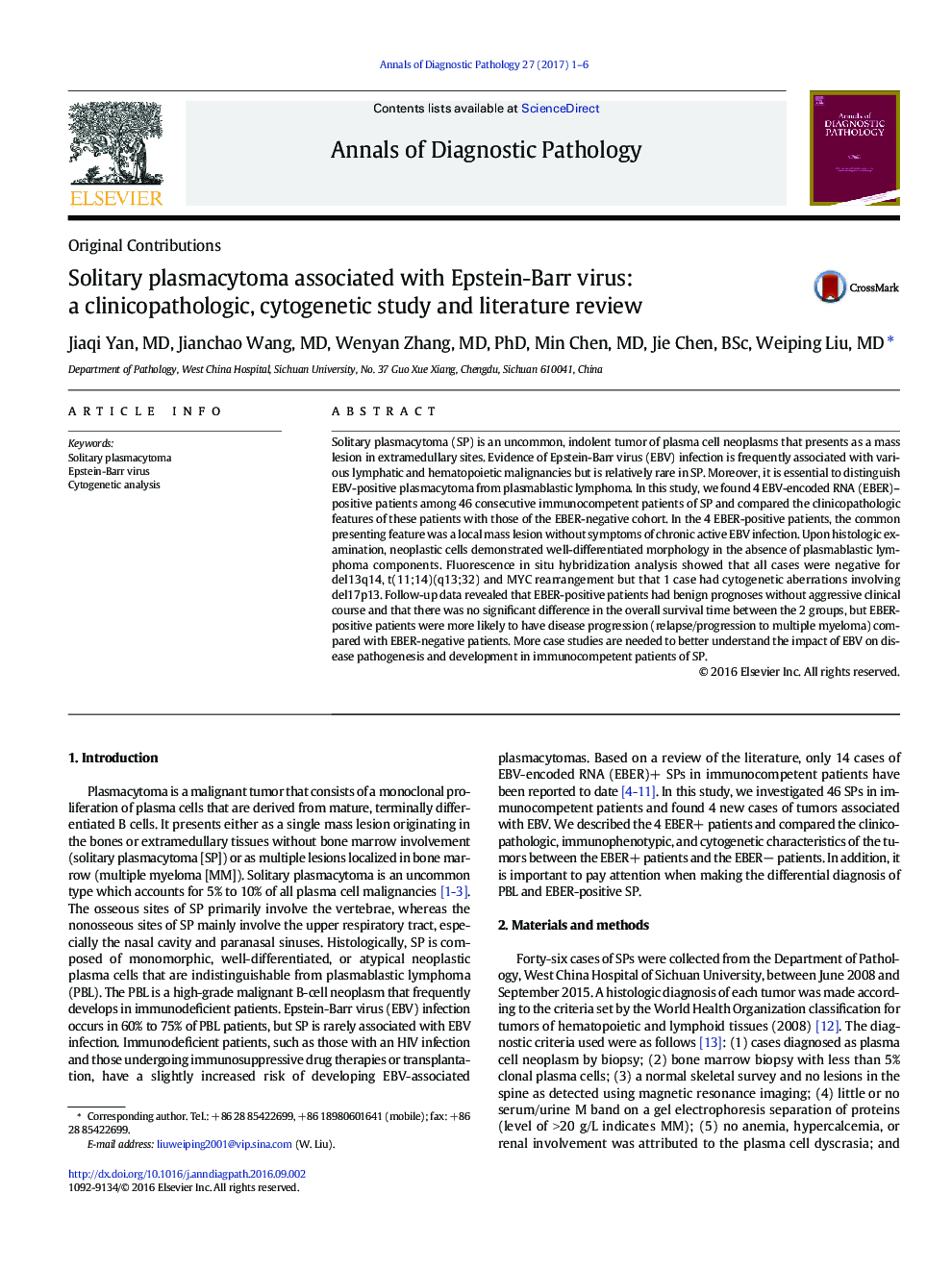 Original ContributionSolitary plasmacytoma associated with Epstein-Barr virus: a clinicopathologic, cytogenetic study and literature review