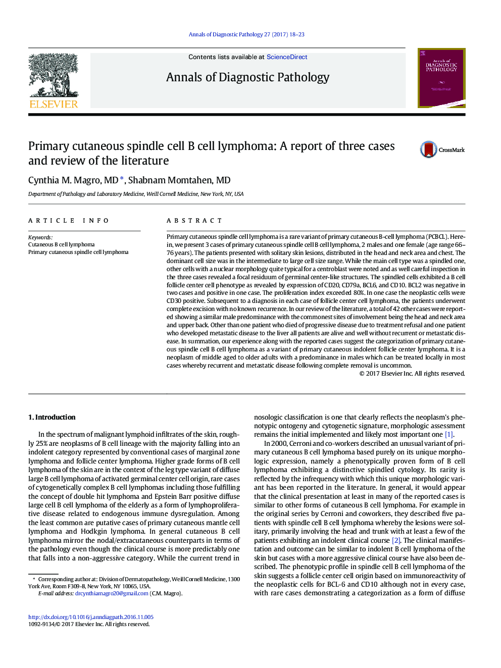 Original ContributionPrimary cutaneous spindle cell B cell lymphoma: A report of three cases and review of the literature