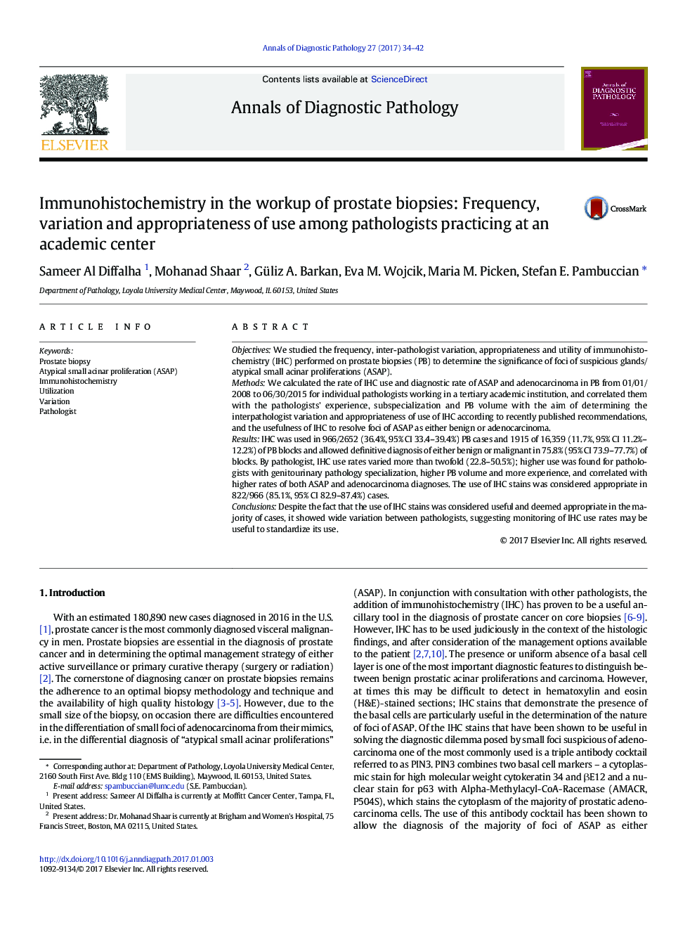 Original ContributionImmunohistochemistry in the workup of prostate biopsies: Frequency, variation and appropriateness of use among pathologists practicing at an academic center