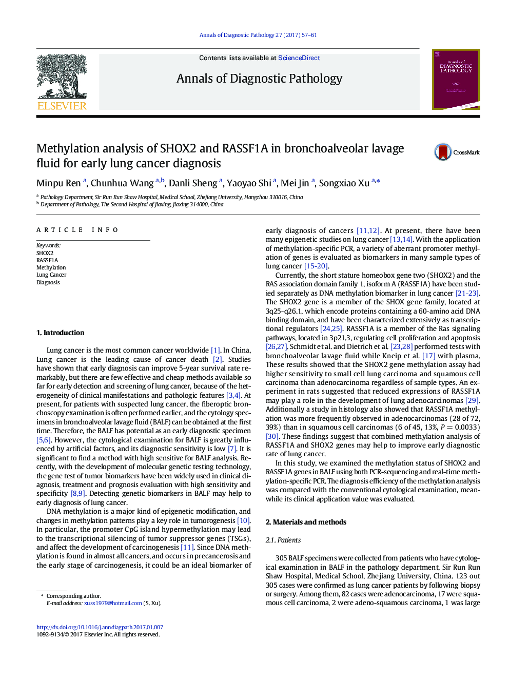 Original ContributionMethylation analysis of SHOX2 and RASSF1A in bronchoalveolar lavage fluid for early lung cancer diagnosis