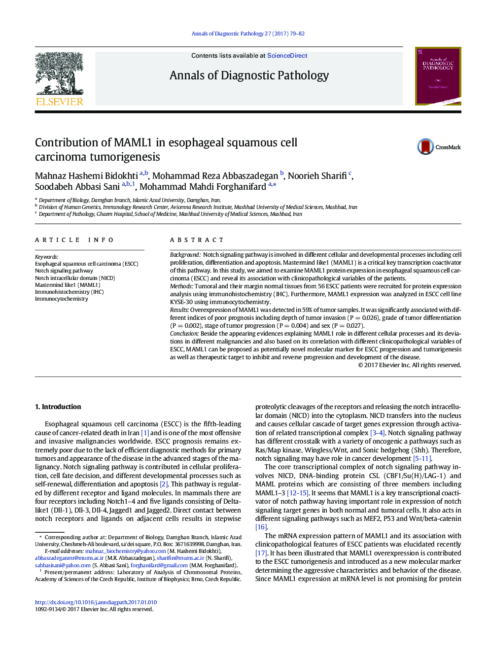 Original ContributionContribution of MAML1 in esophageal squamous cell carcinoma tumorigenesis