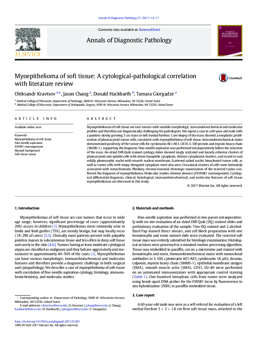 Myoepithelioma of soft tissue: A cytological-pathological correlation with literature review