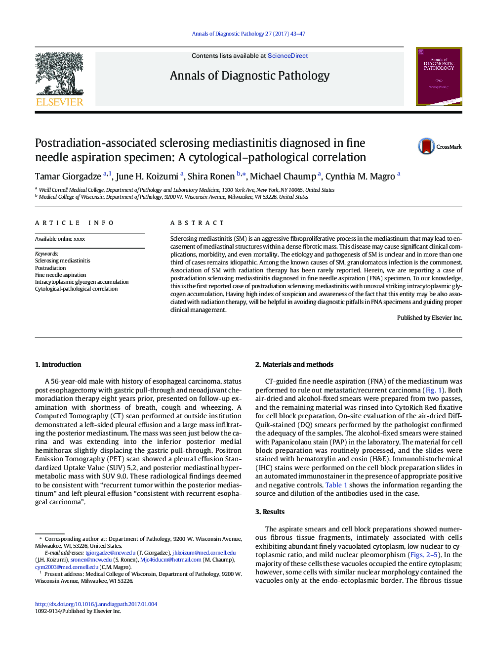 Postradiation-associated sclerosing mediastinitis diagnosed in fine needle aspiration specimen: A cytological-pathological correlation