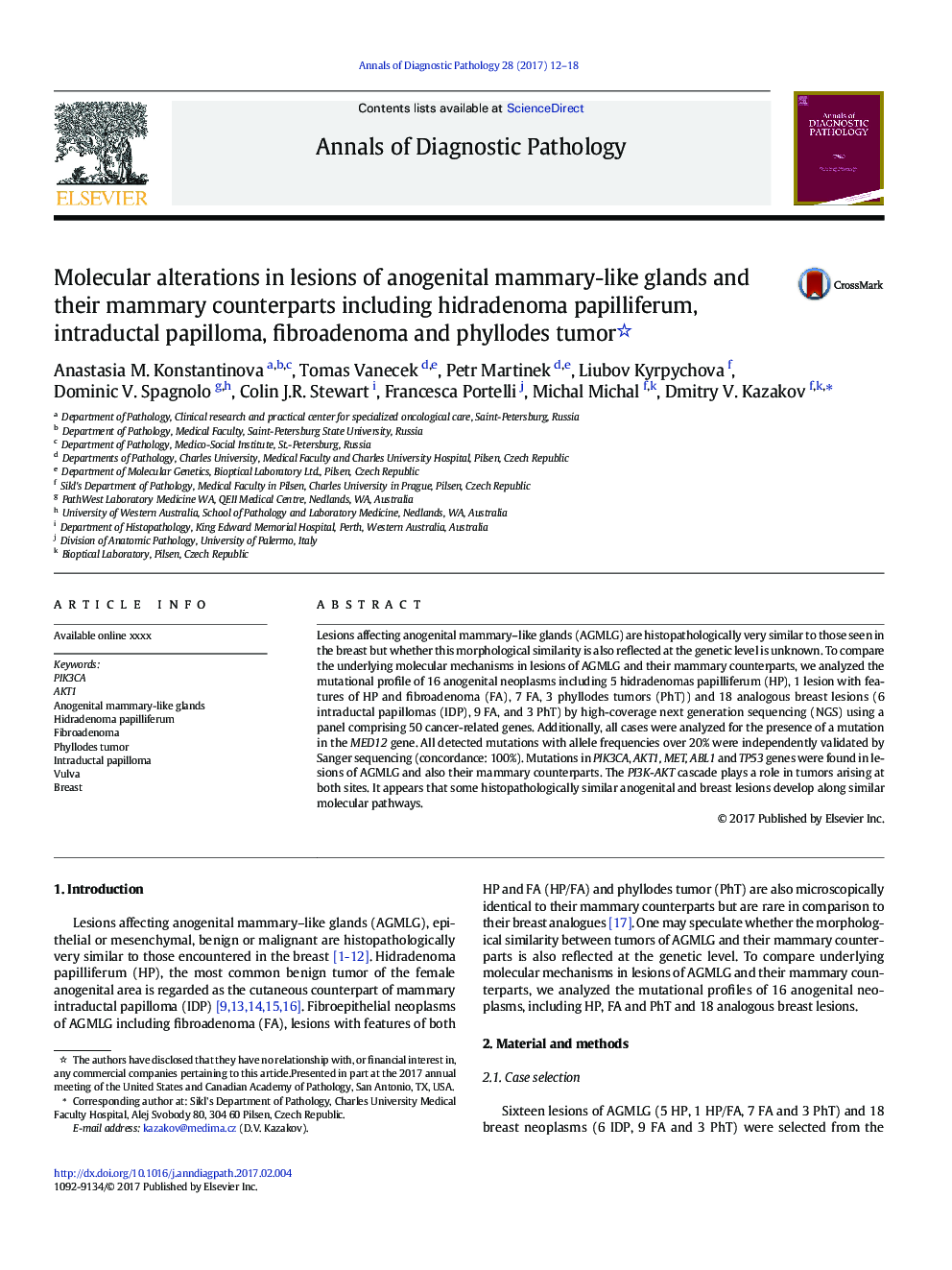 Molecular alterations in lesions of anogenital mammary-like glands and their mammary counterparts including hidradenoma papilliferum, intraductal papilloma, fibroadenoma and phyllodes tumor