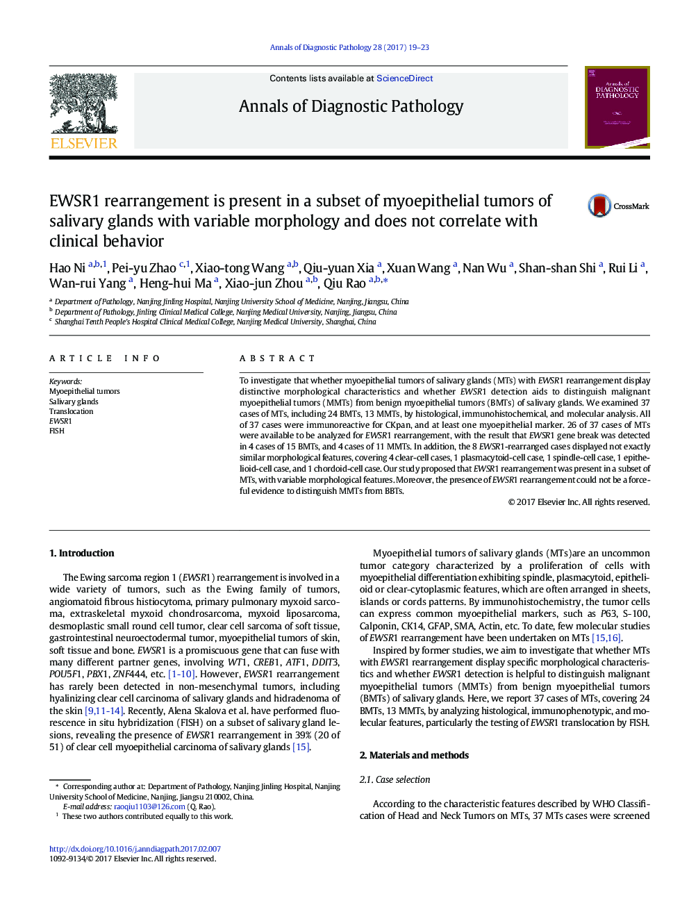 Original ContributionEWSR1 rearrangement is present in a subset of myoepithelial tumors of salivary glands with variable morphology and does not correlate with clinical behavior