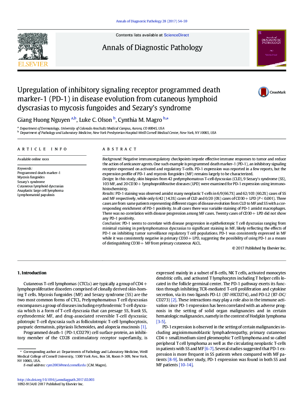 Upregulation of inhibitory signaling receptor programmed death marker-1 (PD-1) in disease evolution from cutaneous lymphoid dyscrasias to mycosis fungoides and Sezary's syndrome