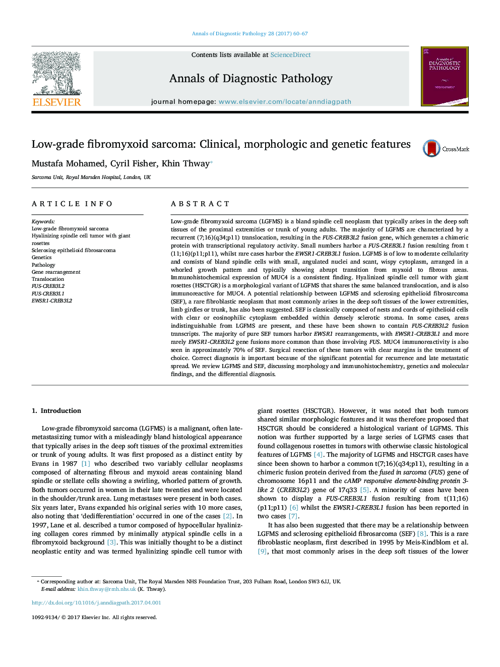 Low-grade fibromyxoid sarcoma: Clinical, morphologic and genetic features