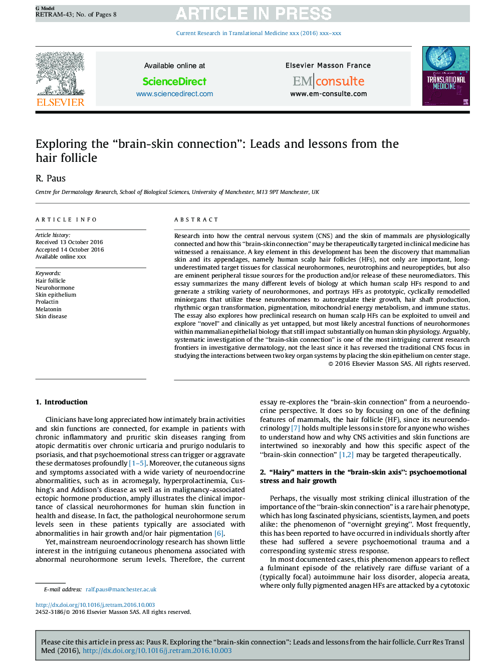 Exploring the “brain-skin connection”: Leads and lessons from the hair follicle