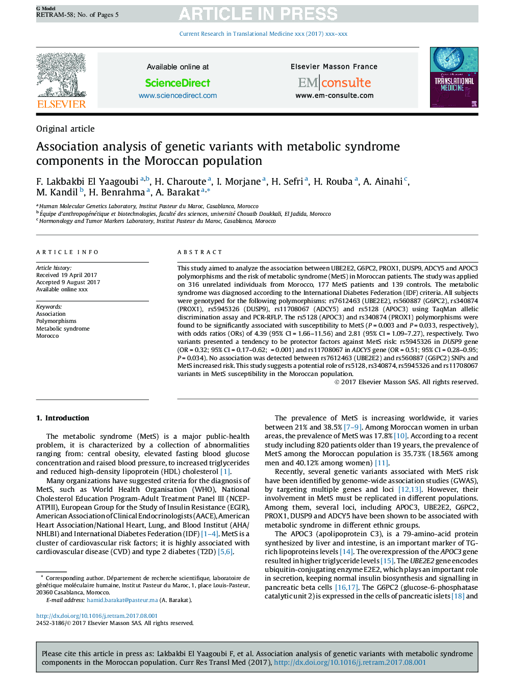 Association analysis of genetic variants with metabolic syndrome components in the Moroccan population