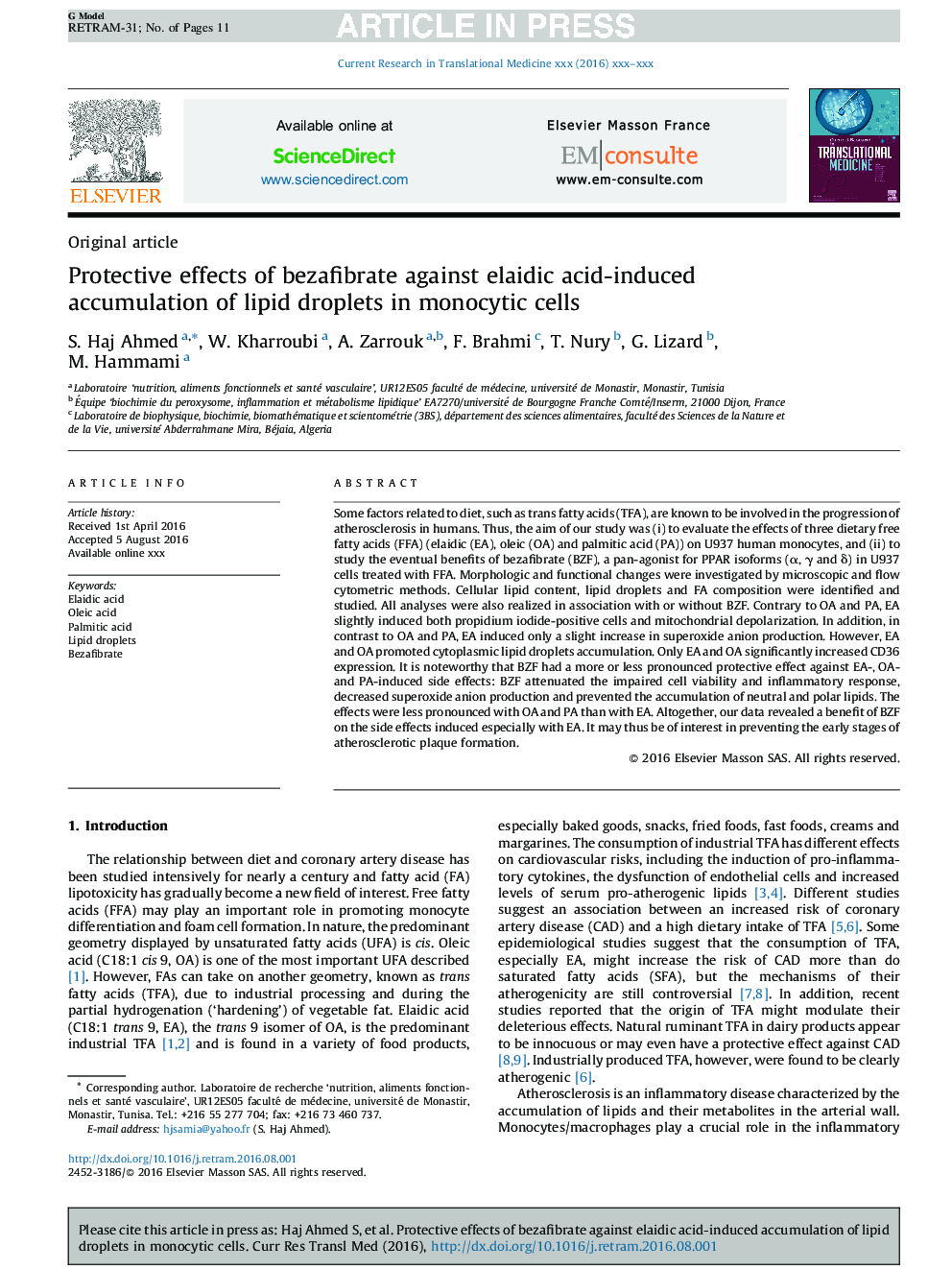 Protective effects of bezafibrate against elaidic acid-induced accumulation of lipid droplets in monocytic cells