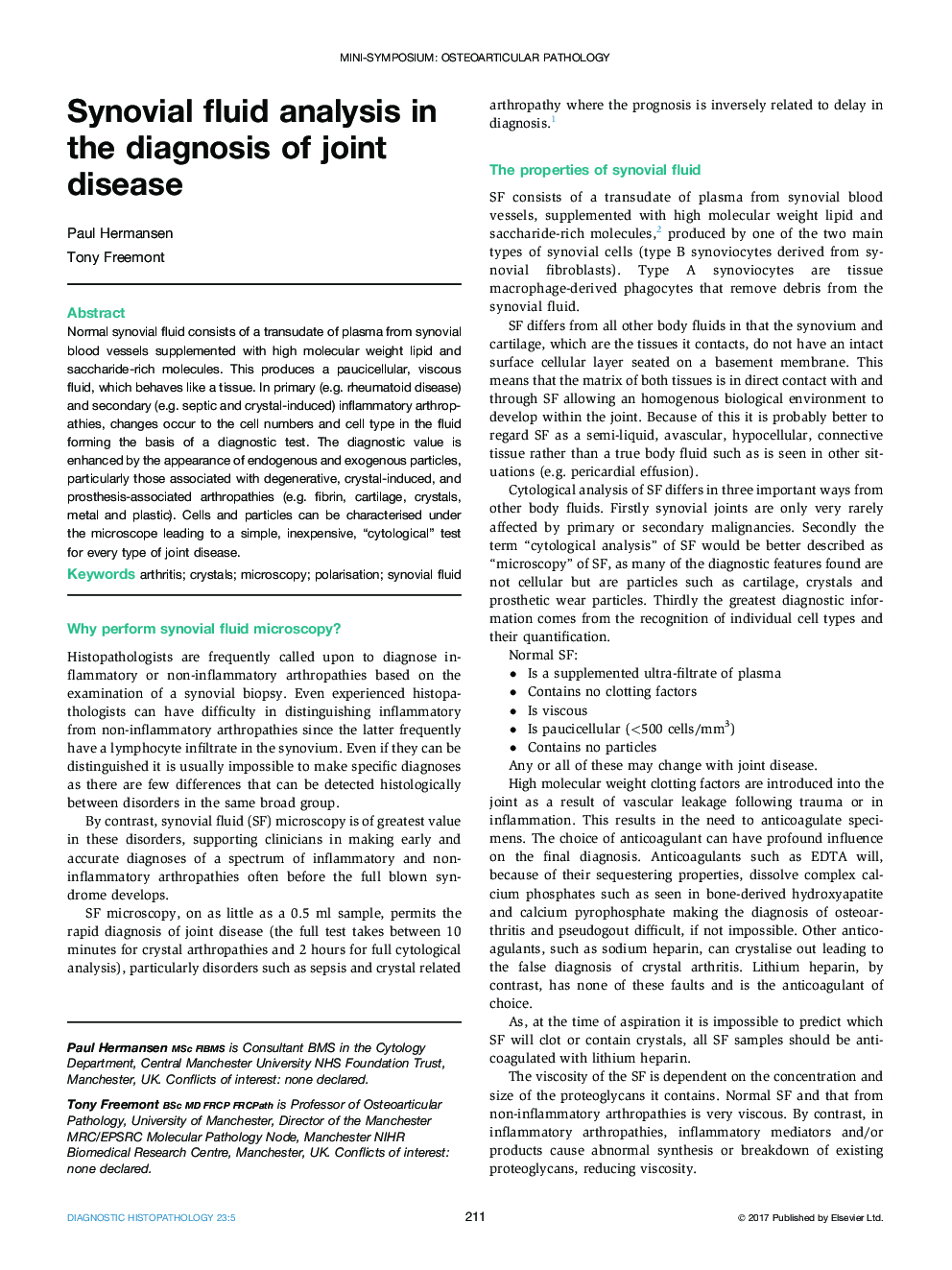 Mini-symposium: osteoarticular pathologySynovial fluid analysis in the diagnosis of joint disease