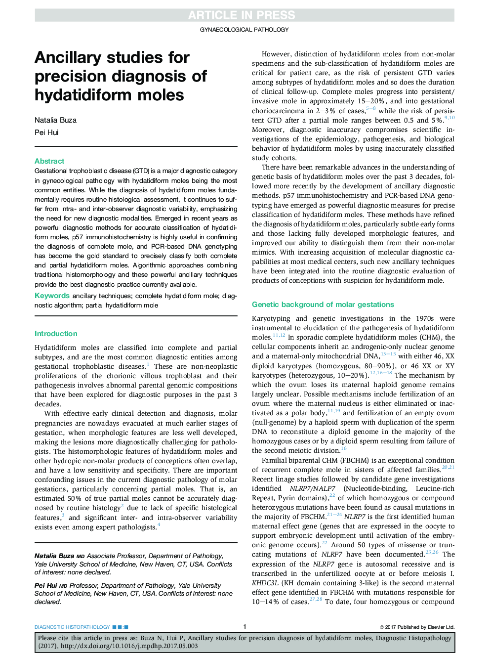 Ancillary studies for precision diagnosis of hydatidiform moles