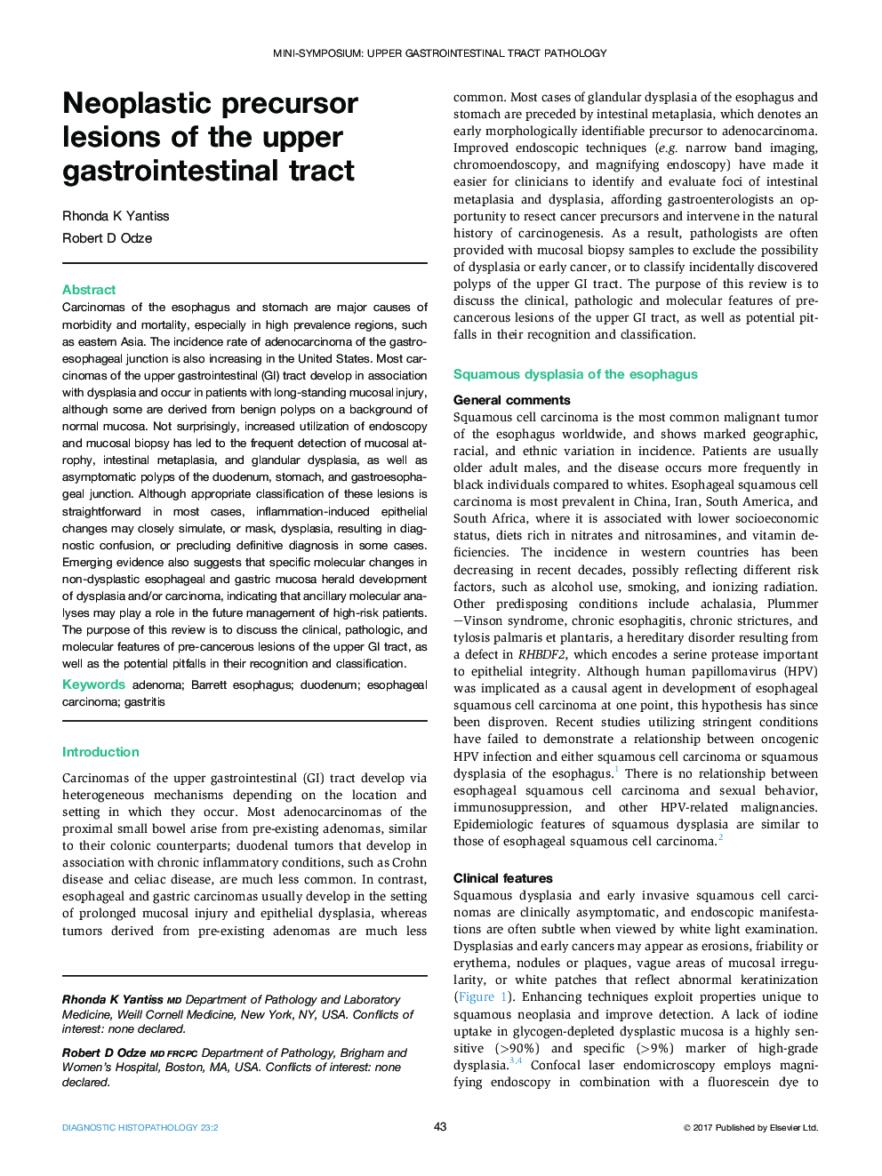 Mini-Symposium: Upper gastrointestinal tract pathologyNeoplastic precursor lesions of the upper gastrointestinal tract