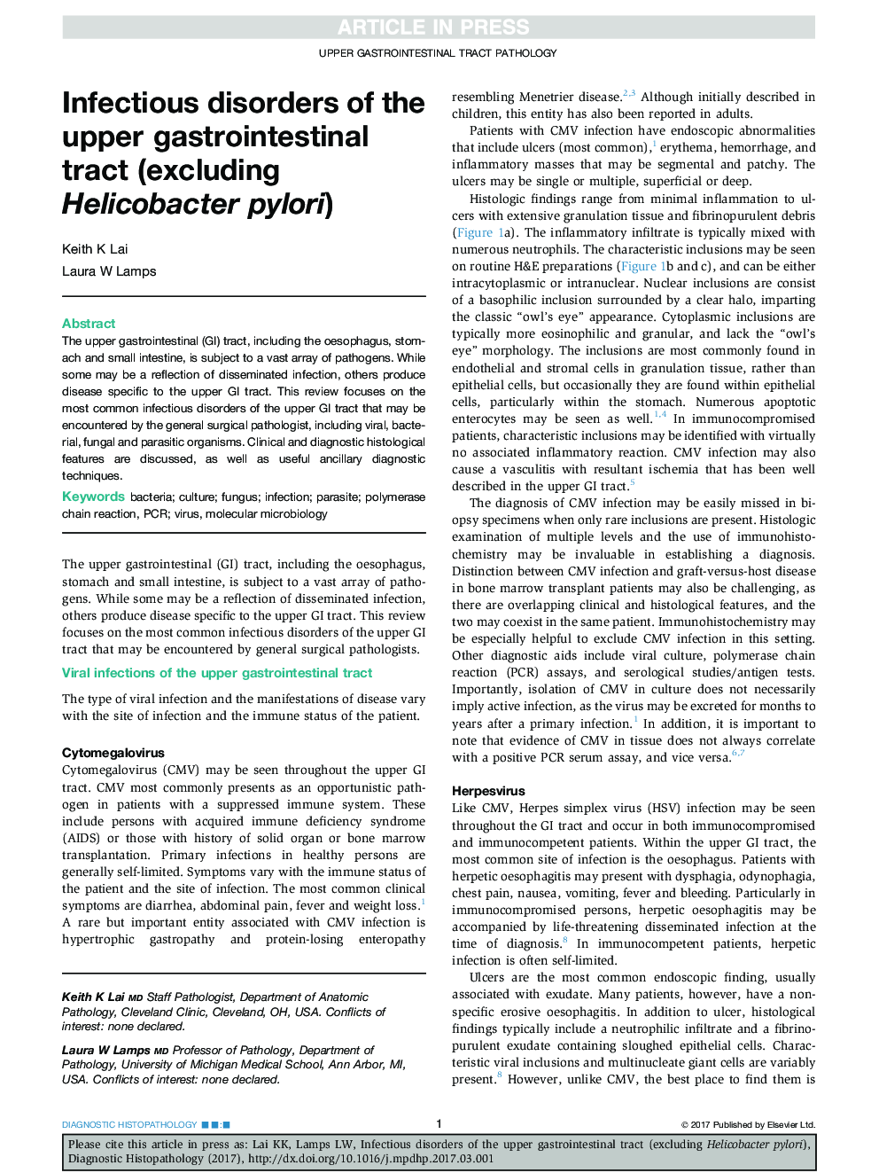 Infectious disorders of the upper gastrointestinal tract (excluding Helicobacter pylori)