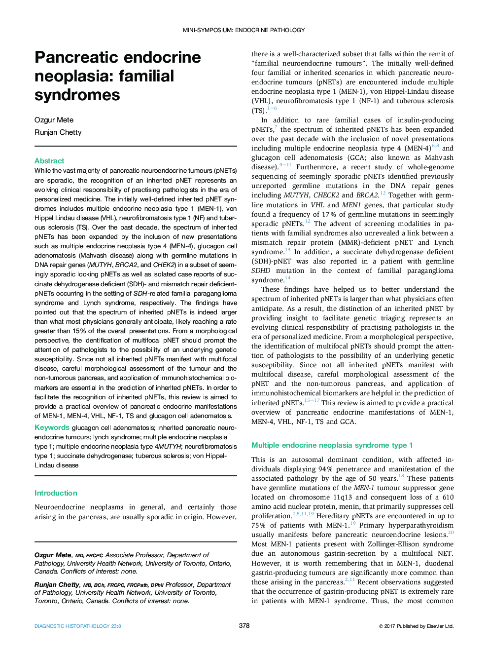 Mini-symposium: Endocrine pathologyPancreatic endocrine neoplasia: familial syndromes