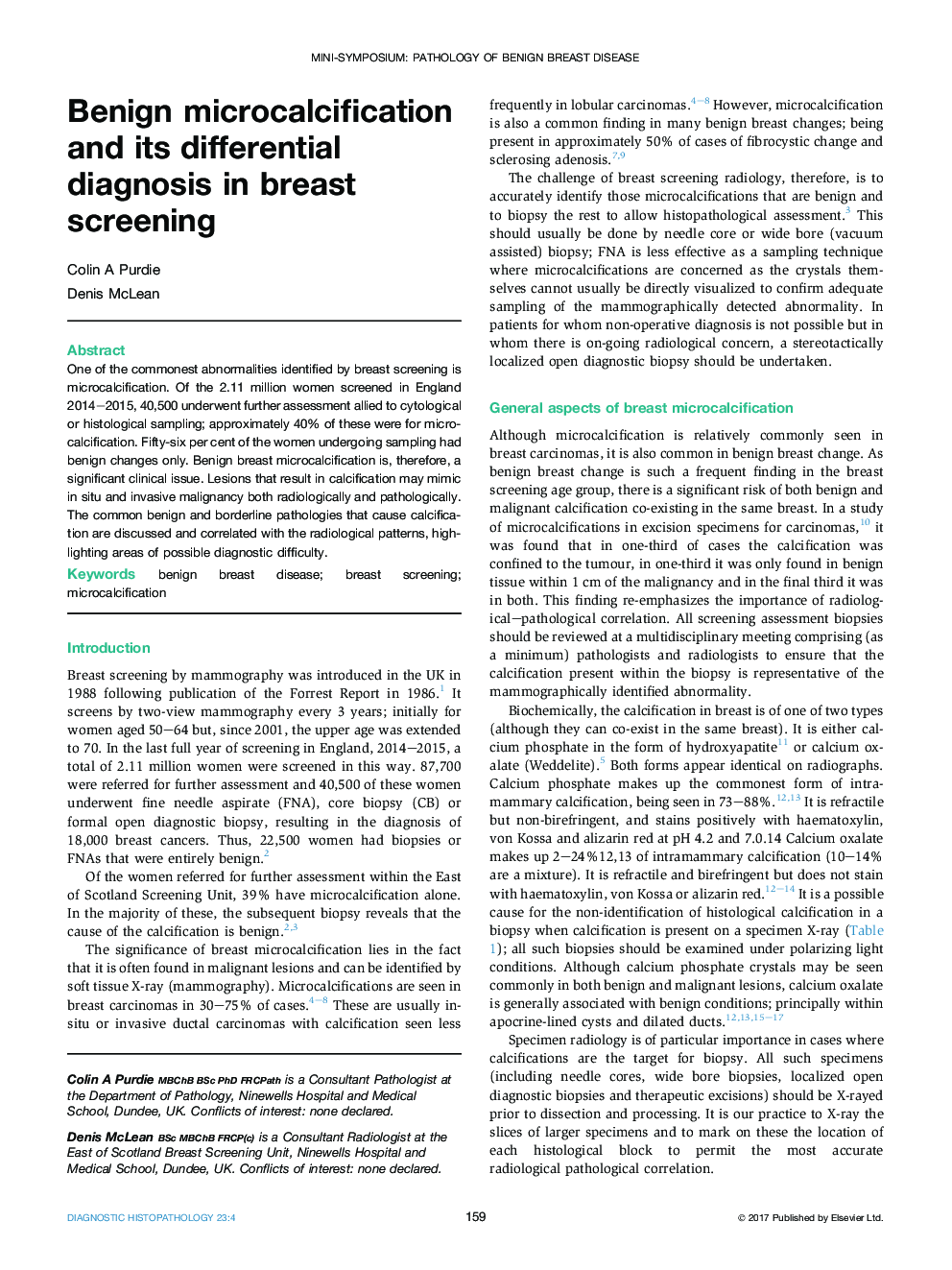 Mini-Symposium: Pathology of benign breast diseaseBenign microcalcification and its differential diagnosis in breast screening